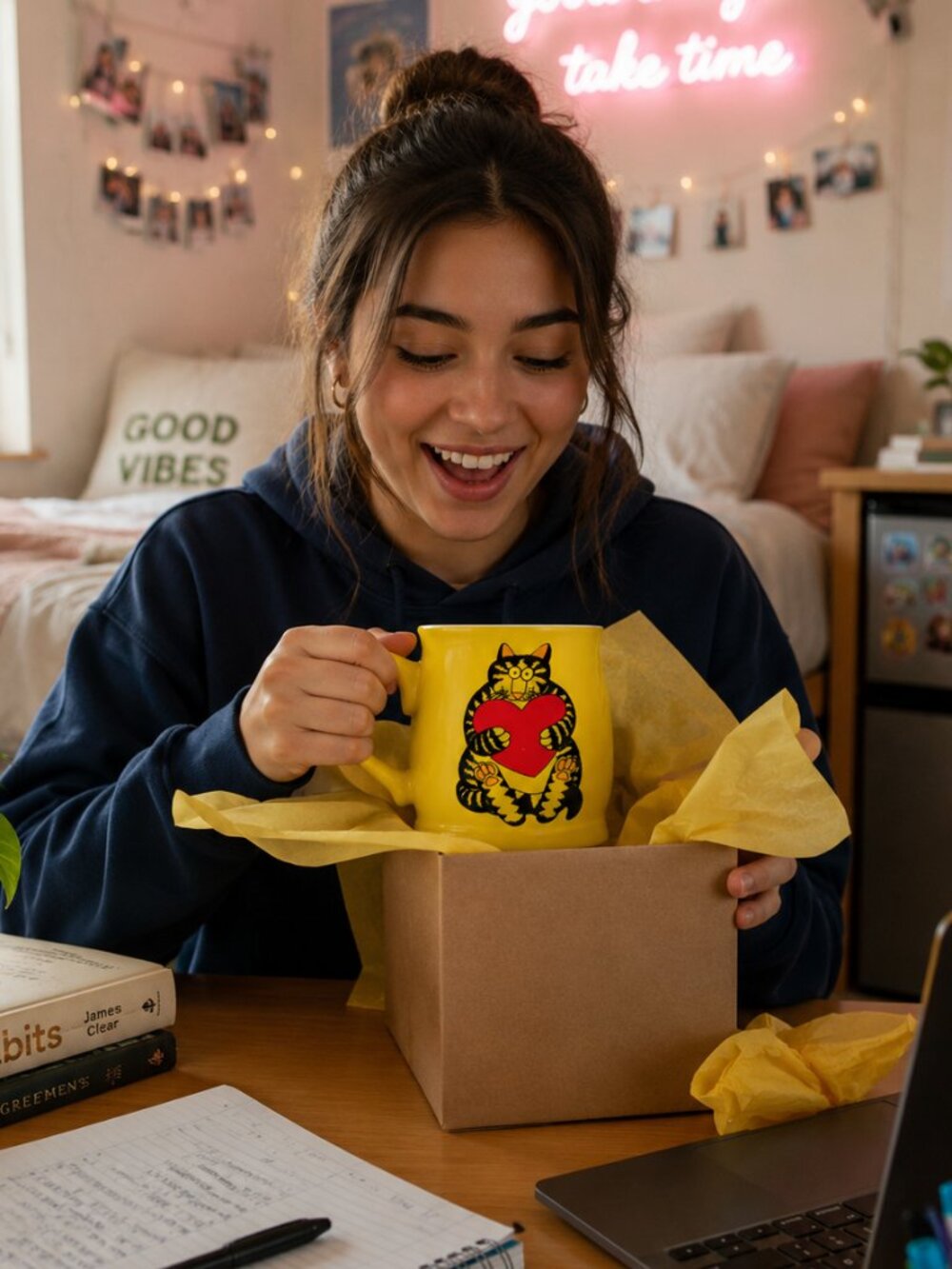 Cat Holding Heart Yellow Coffee Mug 15oz Spokane